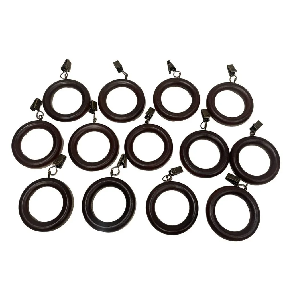Vintage MCM Large Round Wooden Curtain Rod Drapery Rings Eye Hooks Lot of 13